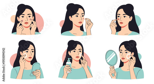 Step-by-step skincare guide for treating acne and blemishes showing a woman applying various products and cleansing her face in six steps.