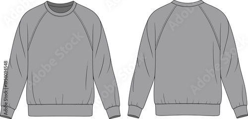 Front and back view of a plain grey raglan sleeve sweatshirt with ribbed cuffs and hem for fashion and apparel mockups