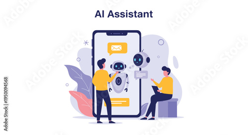 AI assistant and smart technology concept featuring people interacting with a robot on a large smartphone for communication and support.