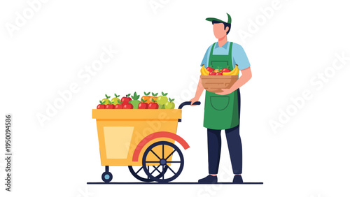 Fresh Produce Vendor: A friendly vendor stands proudly beside his vibrant cart filled with colorful, fresh fruits and vegetables. a person offer Healthy life style. 