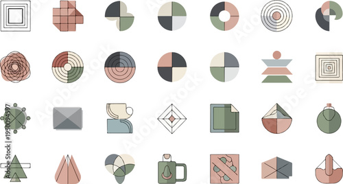 Collection of abstract geometric icons in muted pastel colors