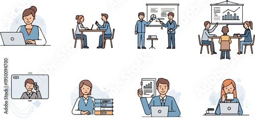 Diverse business professionals collaborating, presenting, and working remotely