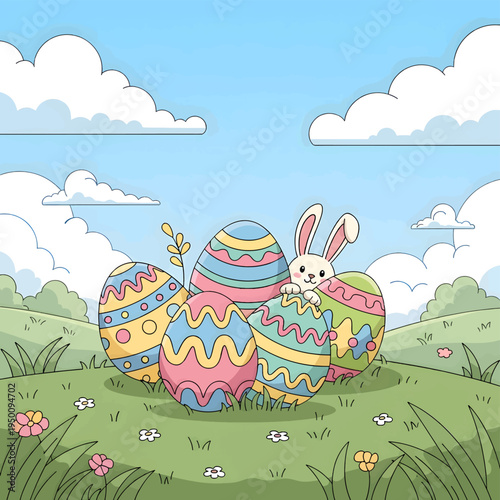 Cartoon bunny hiding behind colorful Easter eggs in a grassy field with flowers