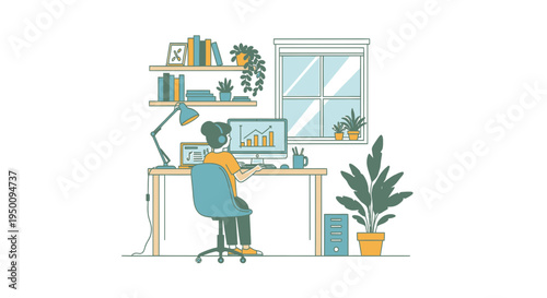 Young Woman Working From Home At Desk vector illustration