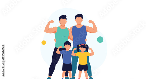 Healthy and strong family concept featuring parents and children proudly flexing their muscles together to promote fitness and wellness.