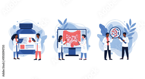 Medical research and healthcare concept set featuring doctors analyzing medications, digestive health, and microscopic bacteria samples.