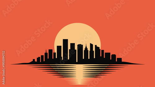City skyline silhouette reflected in water with large sun graphic abstract background