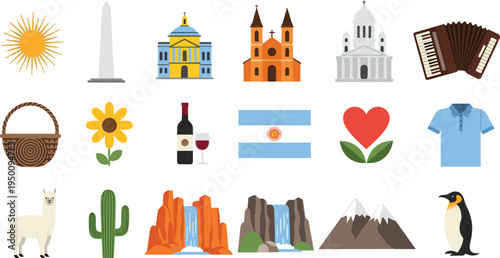 Argentina culture and landmarks icons collection with sun flag mate cactus tango accordion flat vector illustration set