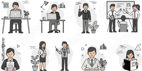 Diverse office scenarios with people engaged in various business activities