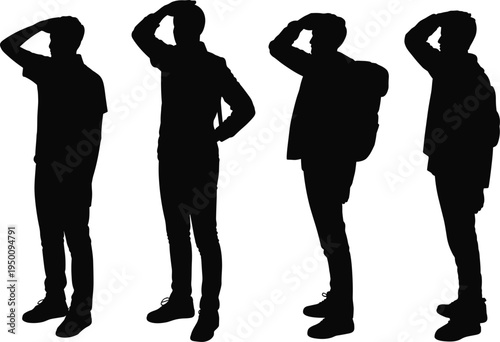 Silhouette figures of men standing and looking into the distance with hands shielding their eyes from the sun or in a thoughtful pose