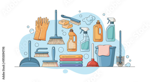 Extensive collection of professional cleaning supplies including brooms, mops, chemical sprays, brushes, and protective orange gloves.