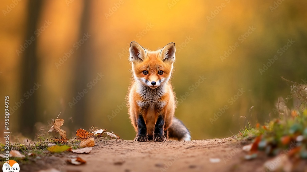 Naklejka premium Charming Baby Orange Fox Resting on Forest Trail Surrounded by Lush Greenery in Natural Habitat