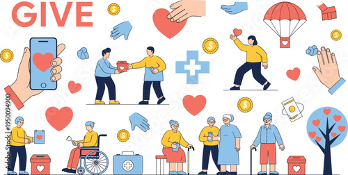 Charity donation and volunteer help icons with healthcare support kindness community giving flat vector illustration set
