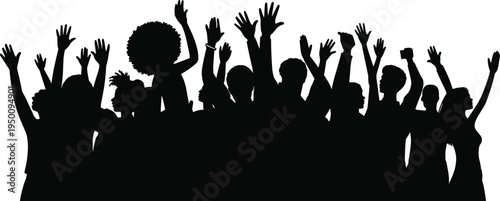 Silhouette of a diverse crowd with raised hands in celebration or excitement against a white background