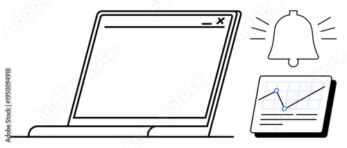 Open laptop, ringing notification bell, and analytics chart with line graph. Ideal for data management, business analytics, notifications, productivity tools, online learning, technology simple flat
