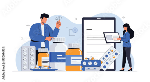 Pharmaceutical research and medication management concept featuring people organizing various pills and medicine bottles for health treatment.