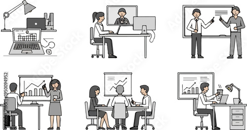 Diverse business scenarios remote work, meetings, presentations, and office tasks