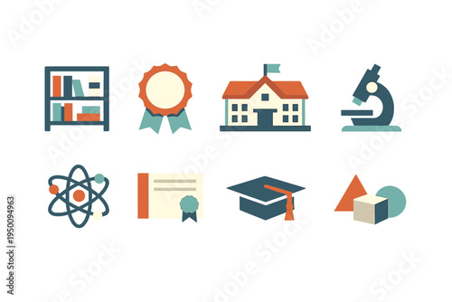 A collection of eight flat design education icons featuring a
