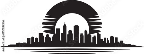 Cityscape silhouette at sunset with abstract sun rays reflecting on water surface