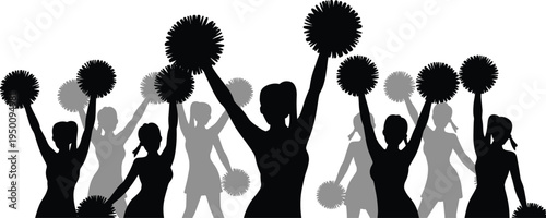 Silhouette of a diverse group of cheerleaders in action holding pom-poms against a white background