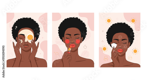 Beauty and skincare routine set showing a woman applying a facial mask, red lipstick, and protective sunscreen for healthy skin and looks.