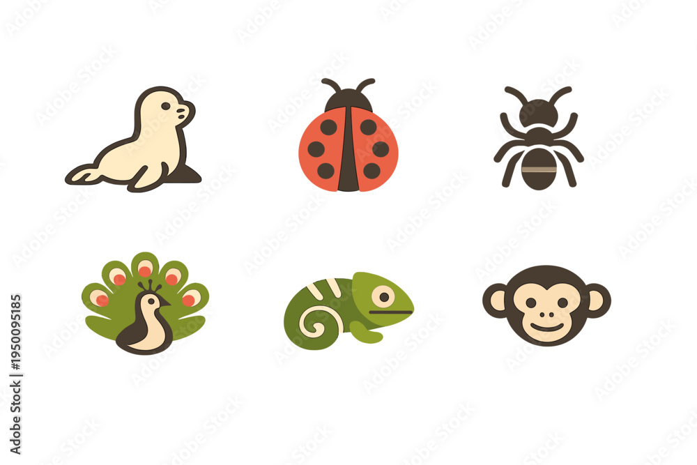 Obraz premium A collection of six stylized animal icons including a seal, ladybug