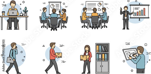 Diverse business activities including meetings, presentations, and office work