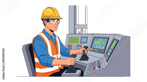 Operator Controlling Machinery: A skilled operator, donning protective gear, is shown at the control panel of complex machinery, navigating intricate systems with precision and focus.