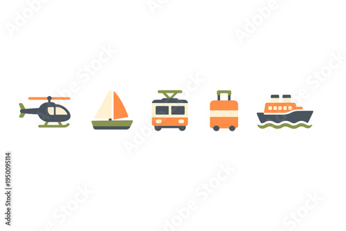 A set of minimalist travel and transportation icons including a