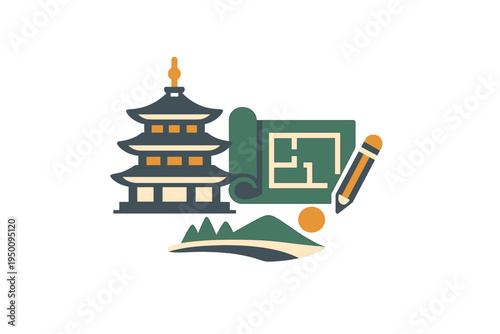 A flat vector illustration featuring a traditional Japanese pagoda