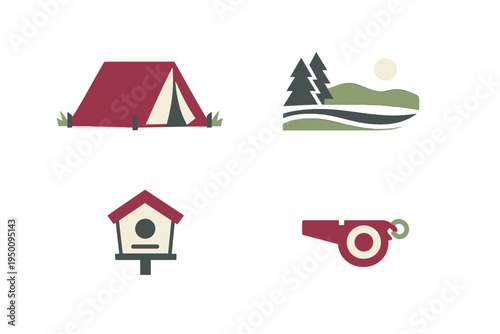 A collection of four minimalist camping and outdoor icons featuring a