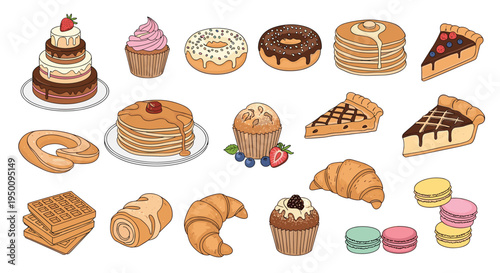 Large collection of sweet bakery items including cakes, pancakes, muffins, donuts, waffles, and croissants for dessert shops.