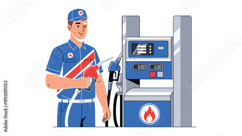 Fuel Station Attendant: A gas station attendant, garbed in a uniform, prepares to refuel a vehicle, with the fuel pump and station in the backdrop.