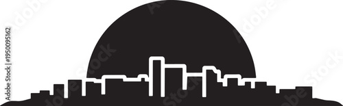 Large dome shape behind city buildings silhouette on flat ground minimalist vector illustration