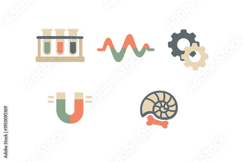 A collection of flat science icons featuring test tubes, a waveform