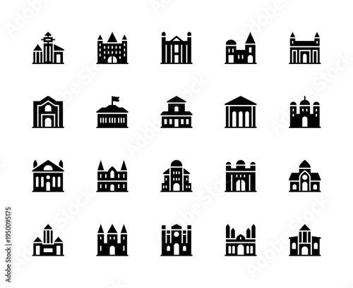 Building and structures vector silhouette icons set. Buildings icons of station, castle, institute, villa, school, mosque and more.