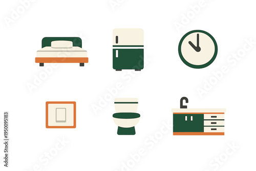 A set of six flat vector icons featuring household items like a bed