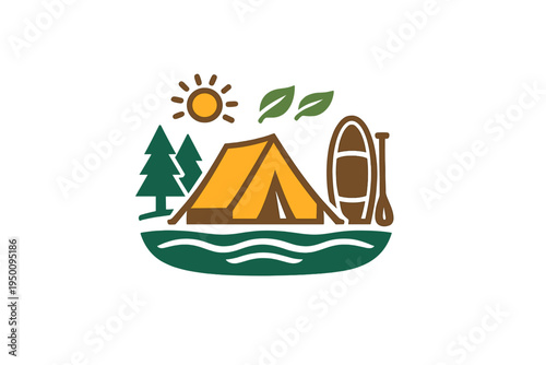 Minimalist outdoor adventure icon depicting a tent, evergreen trees