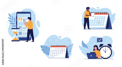 Time management and planning concepts featuring people using calendars, mobile apps, and clocks to organize their daily schedule.