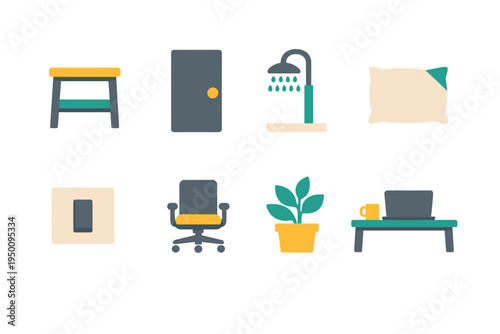 A collection of eight flat design icons representing home and office
