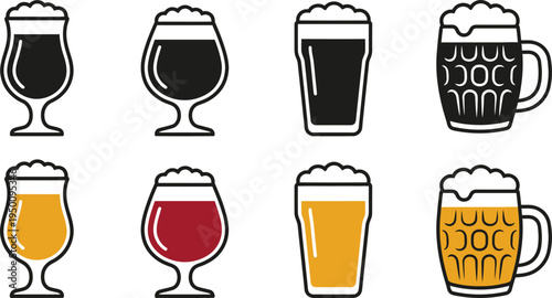 A set of eight different beer glasses filled with various types of beer