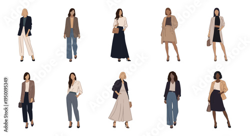Diverse collection of women's fashion outfits featuring different styles for professional work and casual lifestyle wear.