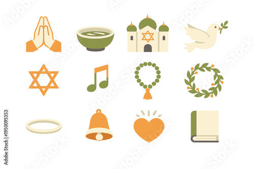 A set of twelve flat vector icons representing religion, faith, and