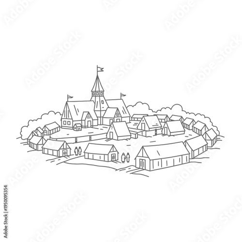 Line Art of a Medieval Village vector illustration
