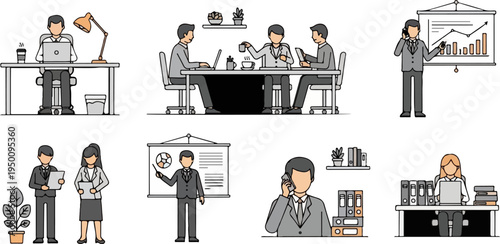Business professionals collaborating and presenting in office settings (1)