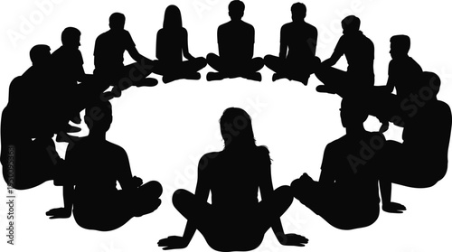 Silhouette of a group of people sitting in a circle in a meditative or discussion pose with one person at the center