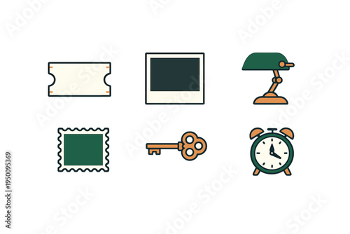 A collection of six vintage-themed vector icons including a ticket