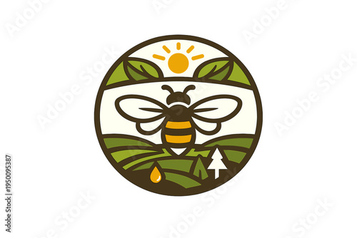 A circular vector logo featuring a stylized bee over a green