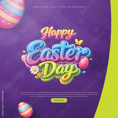 Happy Easter Day Bright Purple Social Media Banner with Colorful Eggs and 3D Lettering