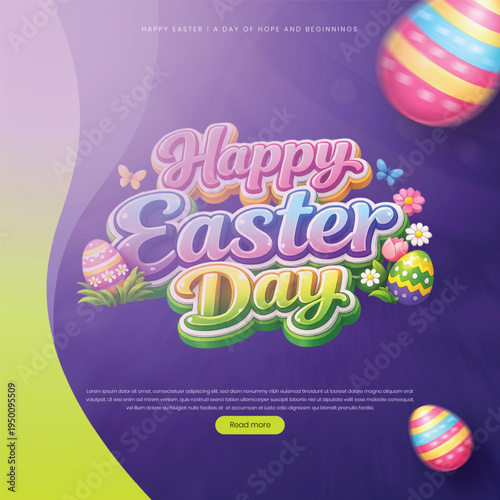 Happy Easter Day Colorful Social Media Post Template with 3D Typography, Eggs and Spring Flowers